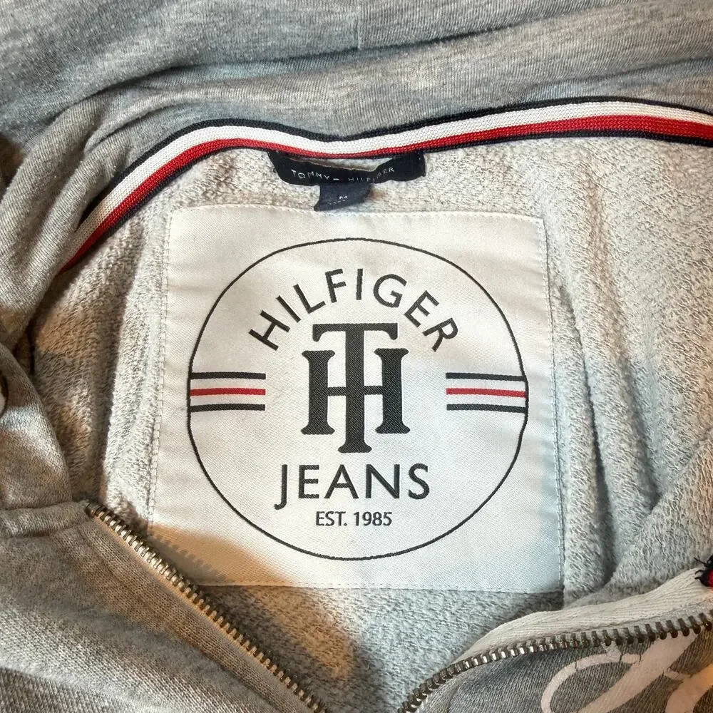Tommy Hilfiger Jeans Hoodie Zip Gray Mens Medium Logo Spellout Jacket